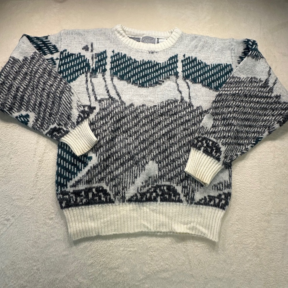 Vintage Method Abstract Geometric Knit Sweater Teal Grey White Wool Blend Large